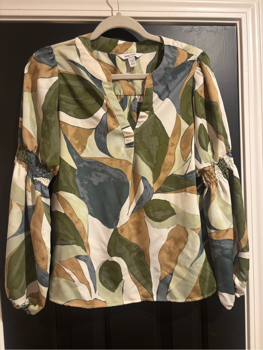 Nine West Leaf-Print V-Neck Blouse in Olive, Tan & Blue